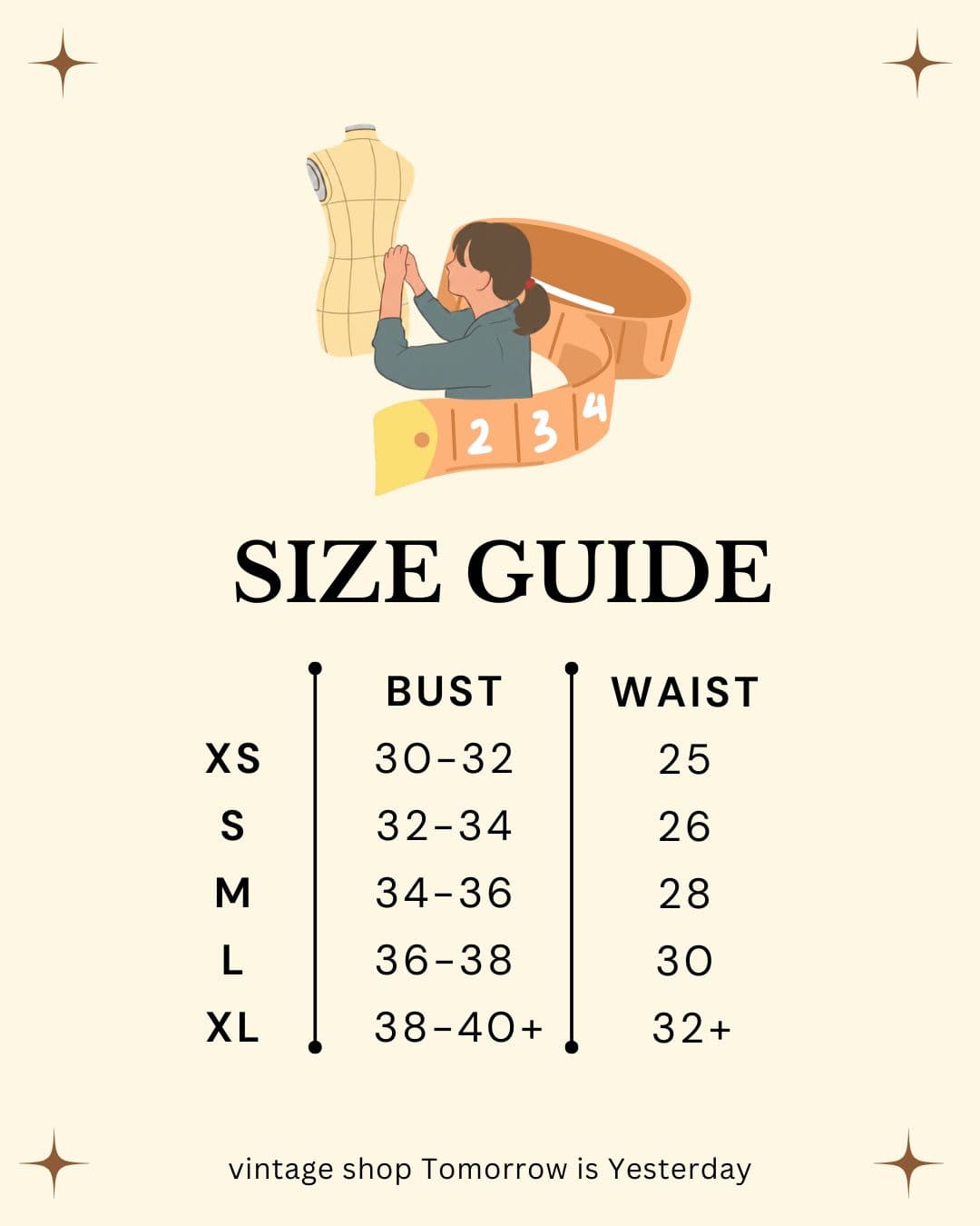 ตารางขนาดเสื้อผ้า พร้อมรอบอกและรอบเอวจากไซส์ XS ถึง XL