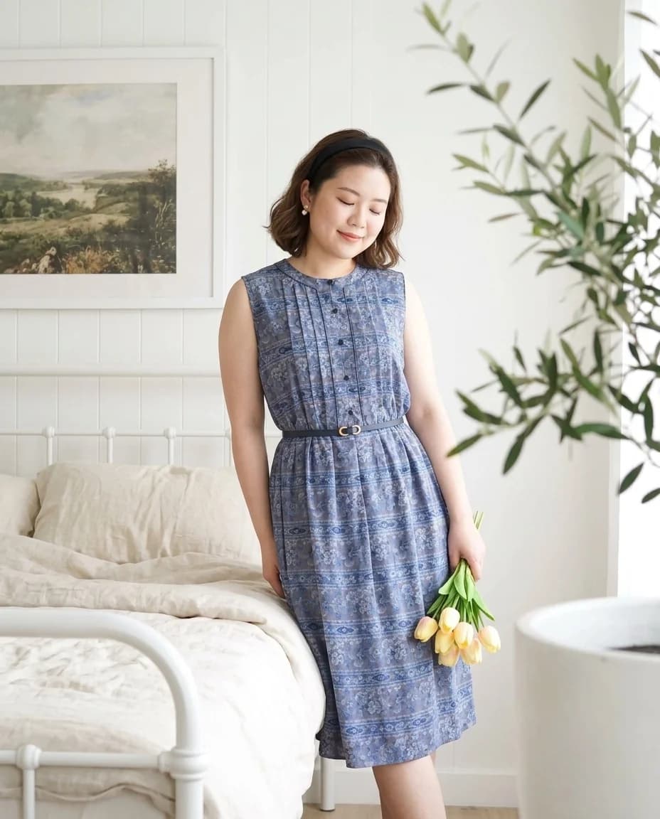 Vintage dress in soft blue with floral stripe folk-style print