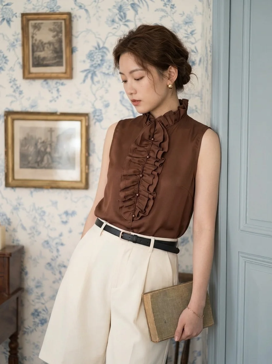 เสื้อวินเทจ สีน้ำตาลแดง ดูสวยหรู ดีเทลแต่งระบาย