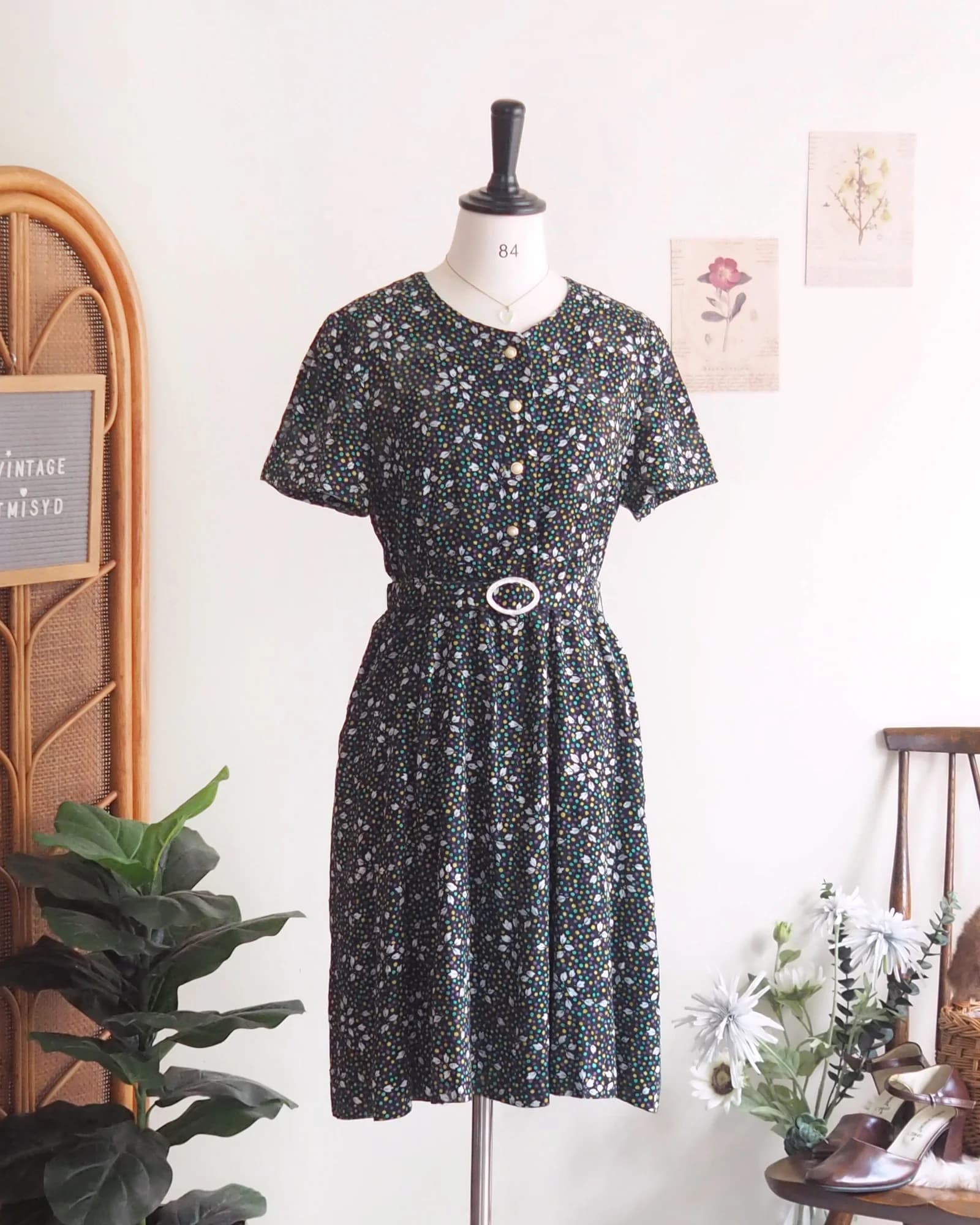 Vintage Black Dress with Polka Dots and Floating Leaves