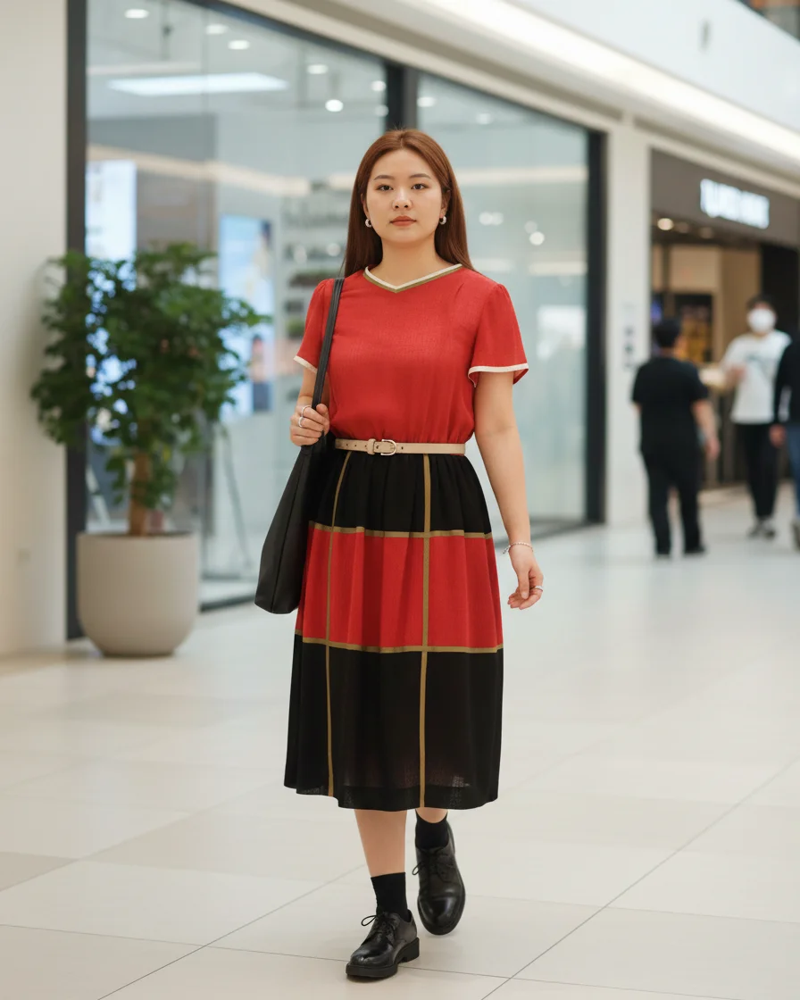 เดรสวินเทจ color blocking สีแดง/ดำ