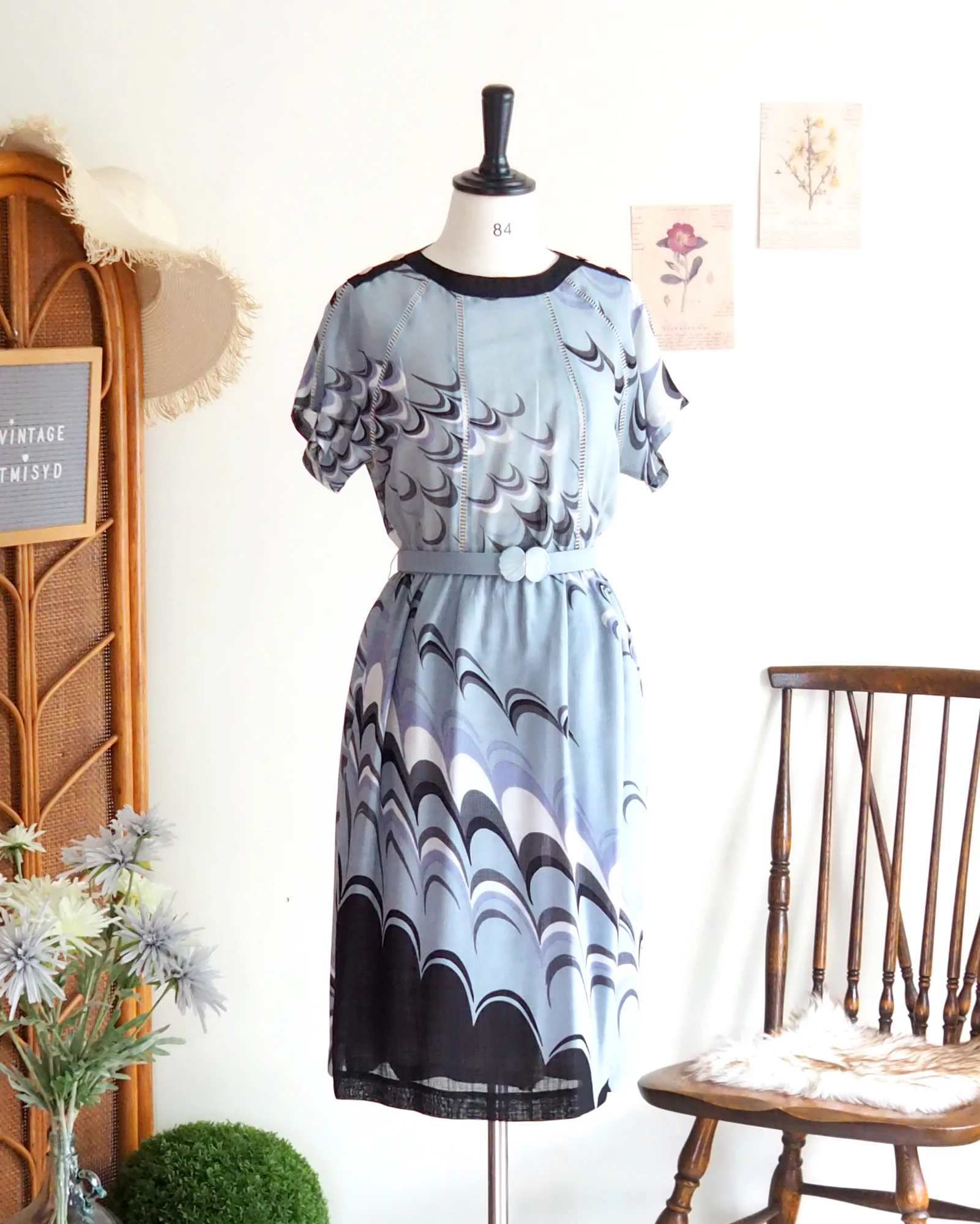 Vintage Grey Border-Print Dress with Wave Graphic, Rare & Unique