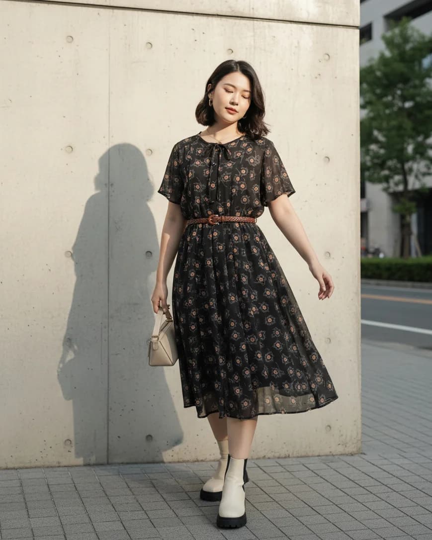Vintage Japanese-style black floral graphic dress
