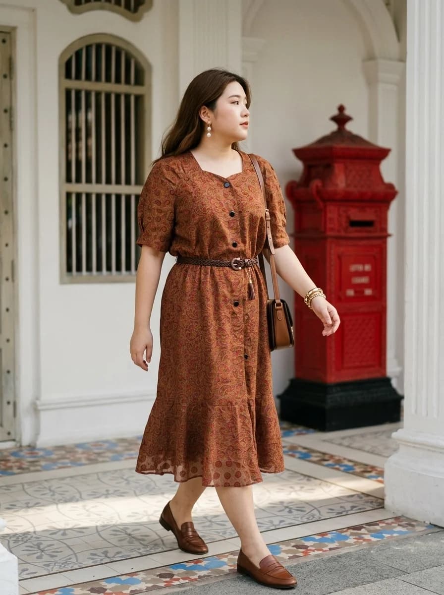เดรสวินเทจ สีโทนน้ำตาลแดง ลาย paisley