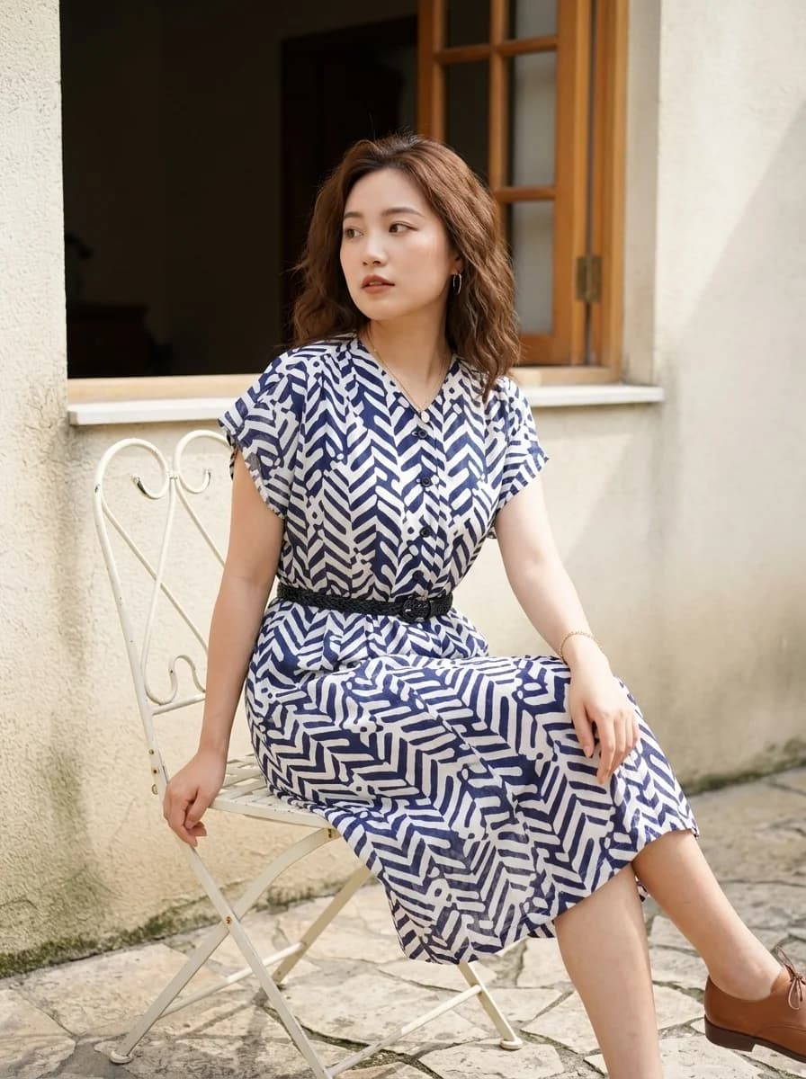 เดรสวินเทจ สีขาว/กรมท่า ลาย zigzag nature art