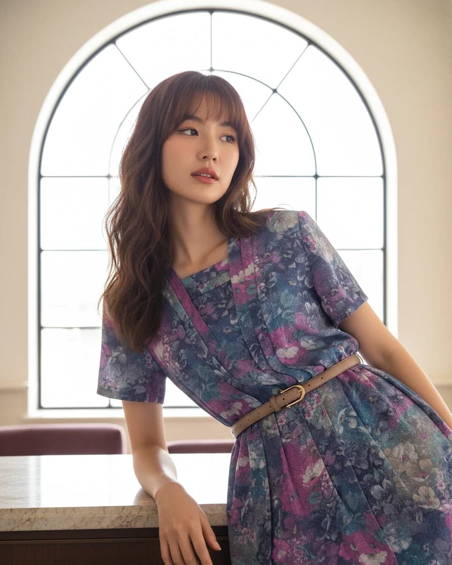 เดรสวินเทจ สไตล์แอนทีค โทนสีม่วง ลายดอกไม้
