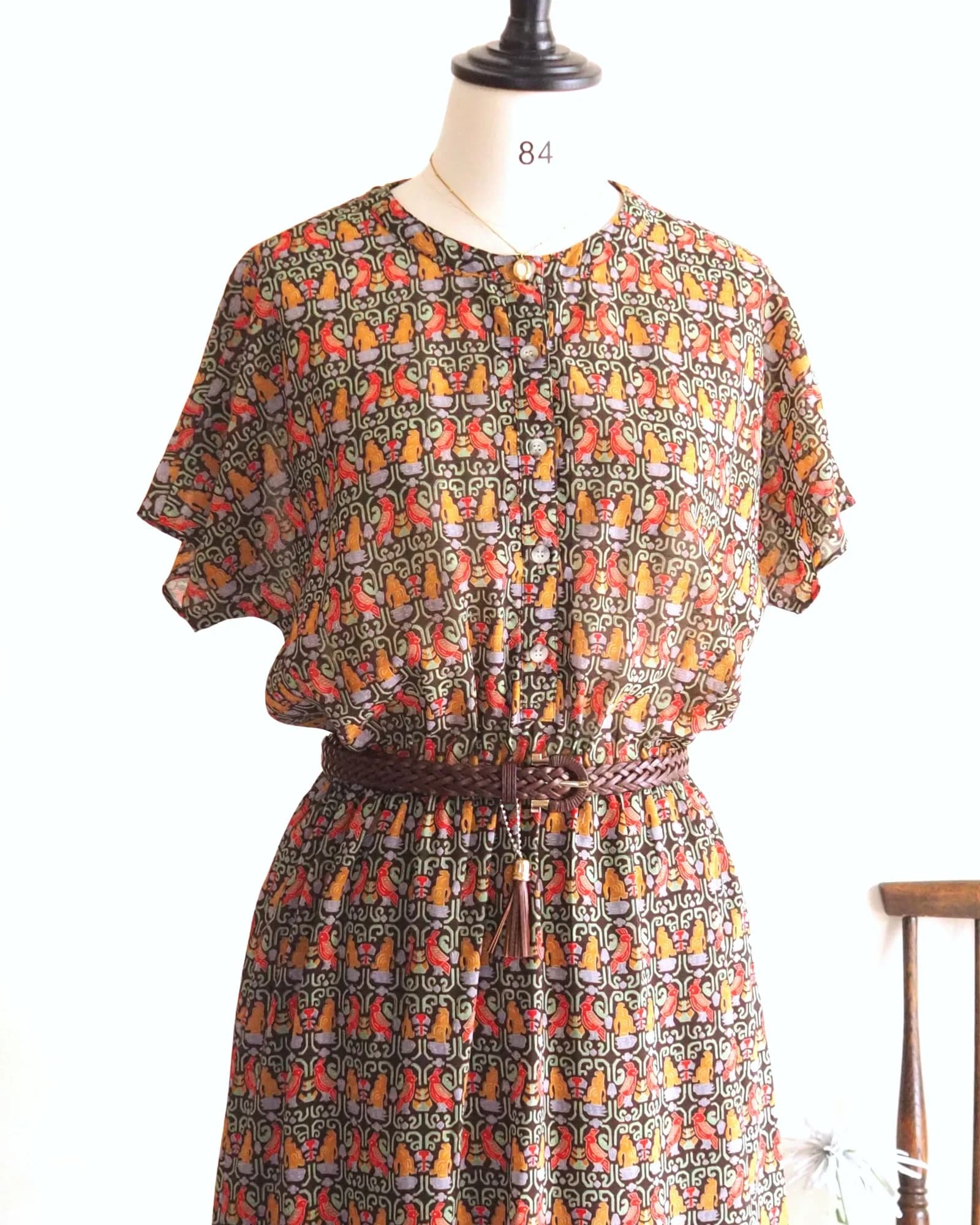 เดรสวินเทจ สีน้ำตาล ลายนก BOHO