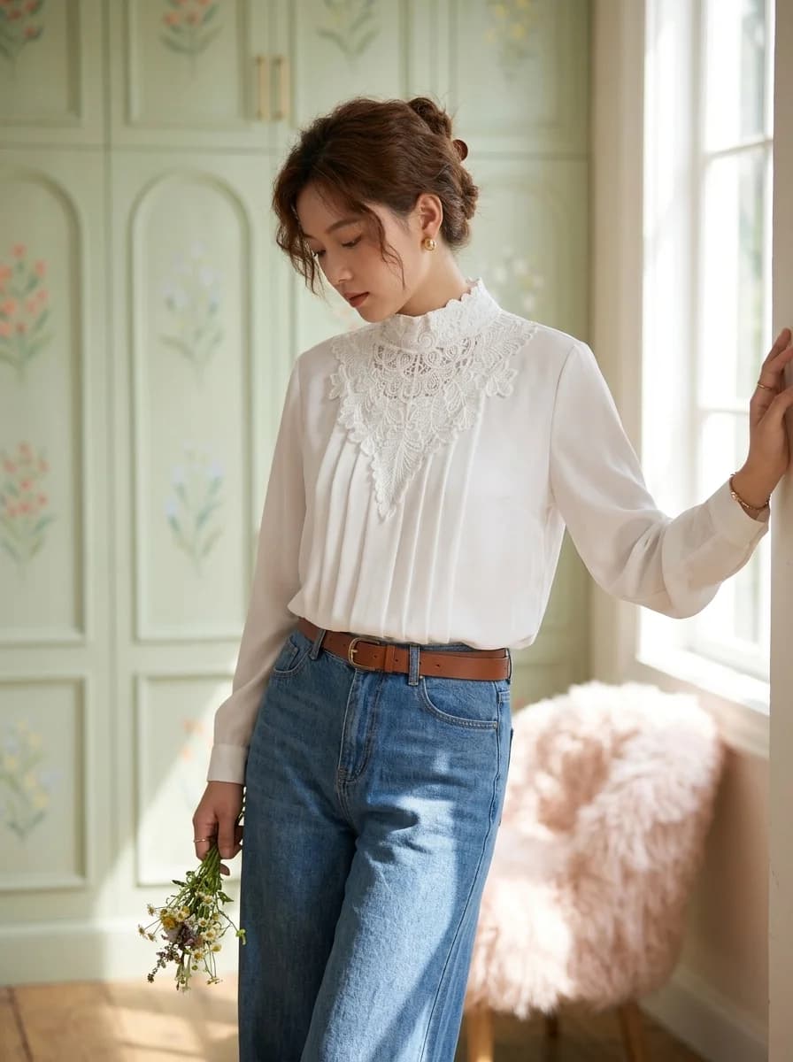 เสื้อวินเทจ US สีขาว คอและอกแต่งลูกไม้ สไตล์วิคทอเรียน